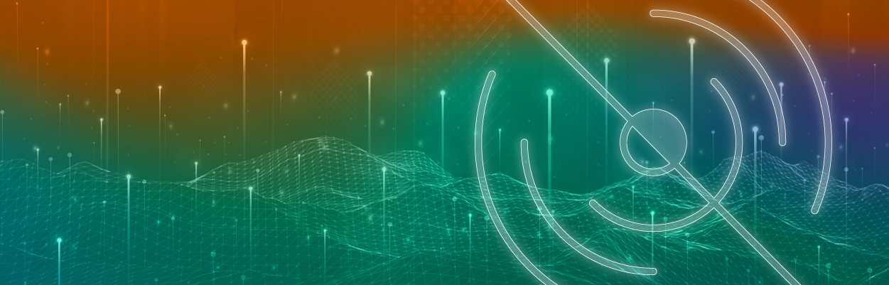 Bottom half of screen green fading into orange with white graphics on top. Shooting lines, and large logo.