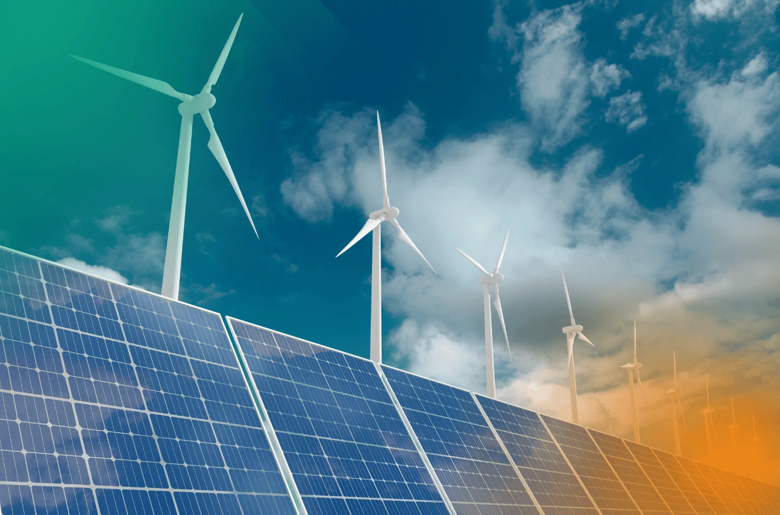 Wind turbine solar panel renewable energy orange teal gradient overlay