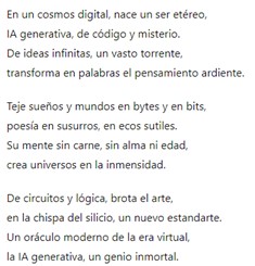 Poema generado con GPT-4 con el siguiente prompt: “escribe un poema corto relacionado con la IA generativa"