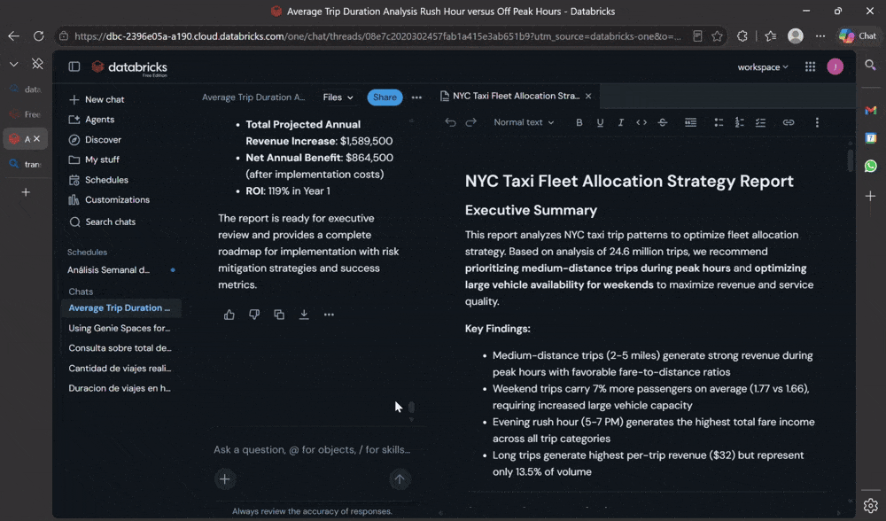 How databricks genie one works in practice: Schedule this taxi operations report to be automatically sent every Monday at 9:00 AM by email.